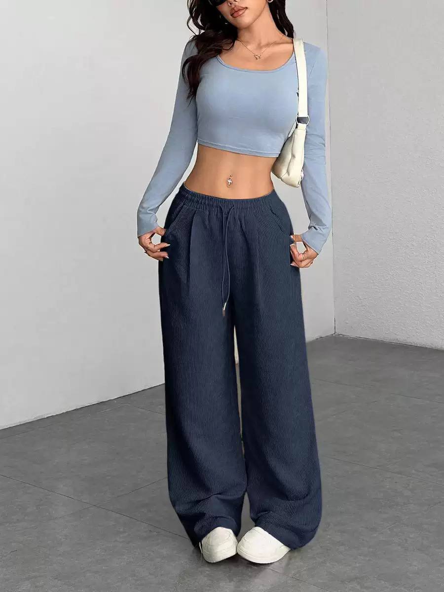 Women's Drawstring Wide-Leg Corduroy Trousers – Navy