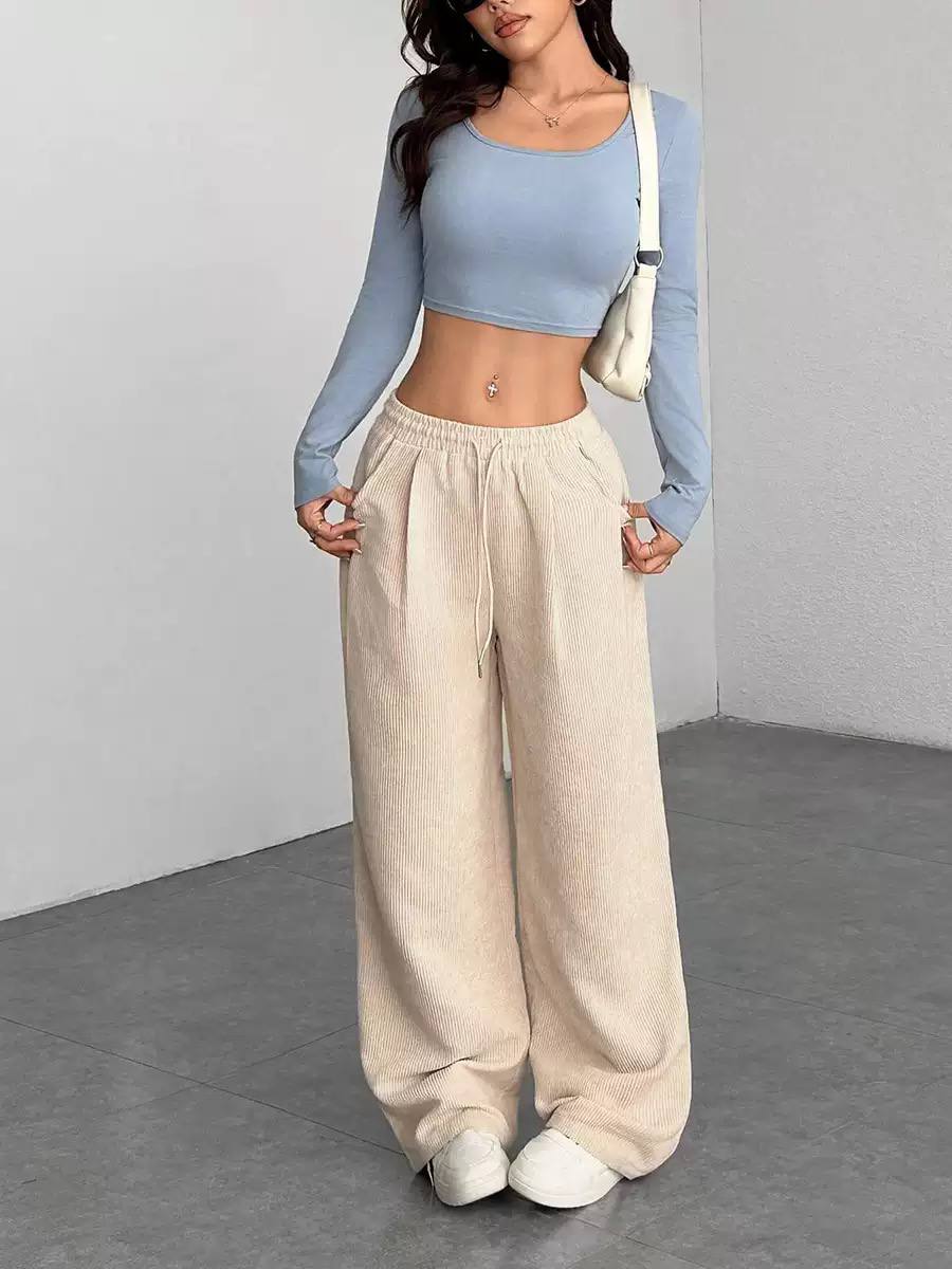Women's Drawstring Wide-Leg Corduroy Trousers – Cream