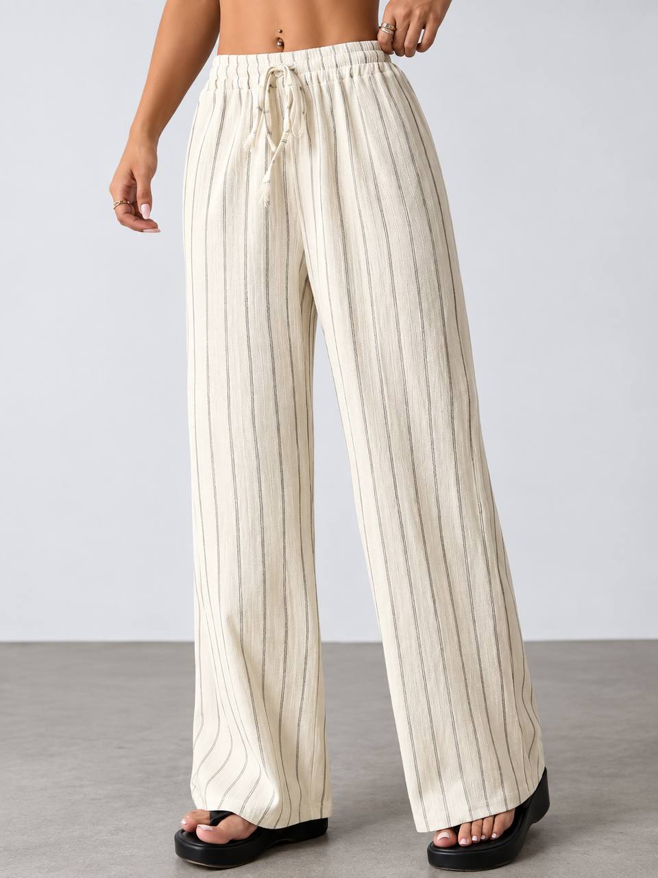 Women's Pinstripe Wide-Leg Pull-On Trousers – Cream