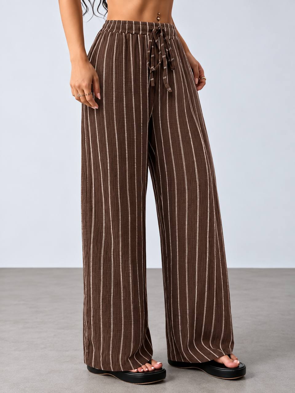 Women's Pinstripe Wide-Leg Pull-On Trousers – Brown