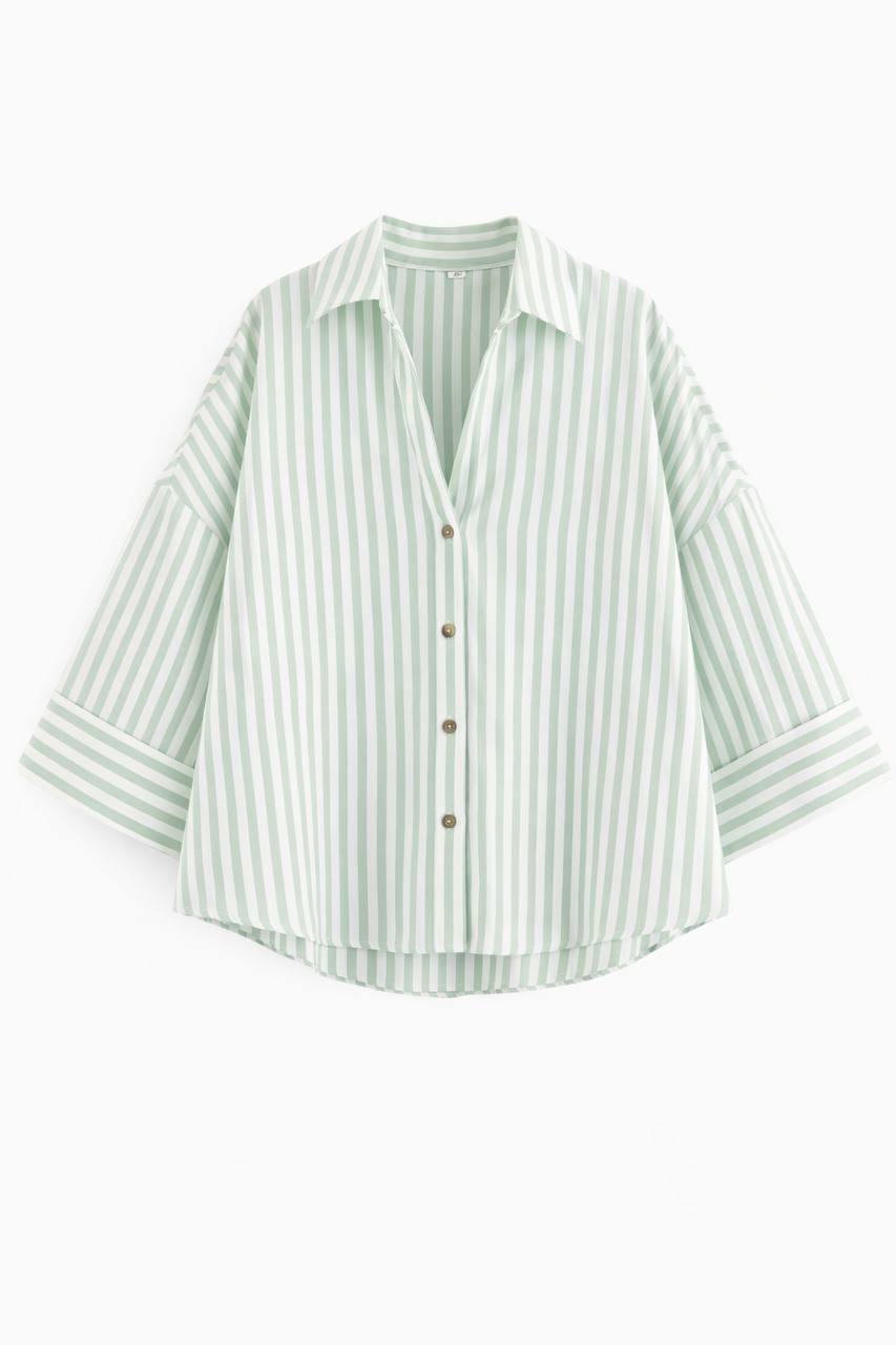 Oversized  Striped Button Down Shirt – 3/4 Sleeve Relaxed Fit