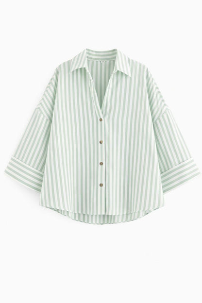Oversized  Striped Button Down Shirt – 3/4 Sleeve Relaxed Fit