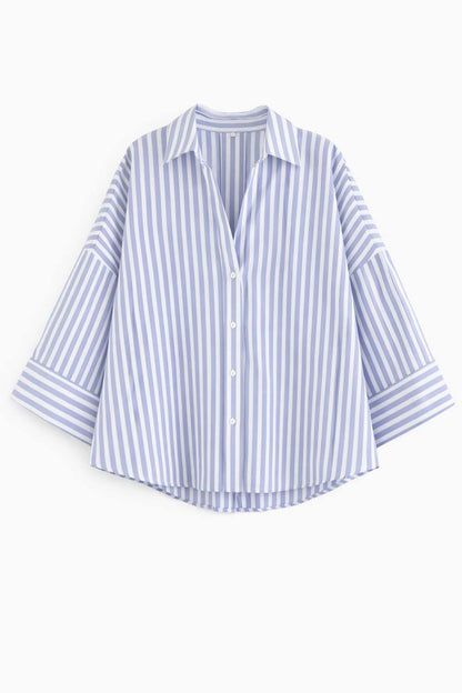 Oversized  Striped Button Down Shirt – 3/4 Sleeve Relaxed Fit