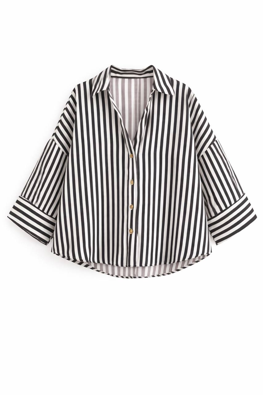 Oversized  Striped Button Down Shirt – 3/4 Sleeve Relaxed Fit