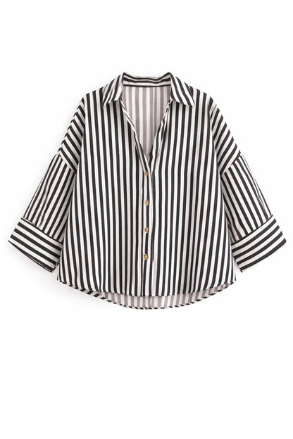 Oversized  Striped Button Down Shirt – 3/4 Sleeve Relaxed Fit