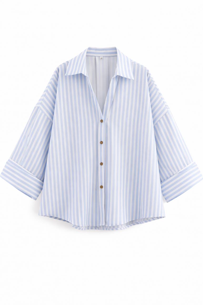 Oversized  Striped Button Down Shirt – 3/4 Sleeve Relaxed Fit