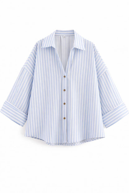 Oversized  Striped Button Down Shirt – 3/4 Sleeve Relaxed Fit