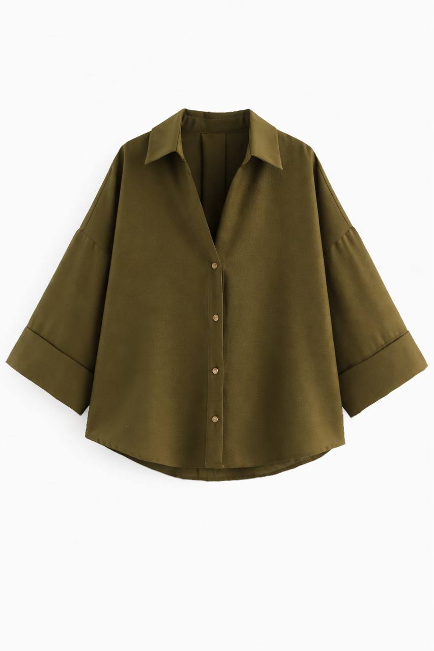 Oversized Button Down Shirt – 3/4 Sleeve Relaxed Fit