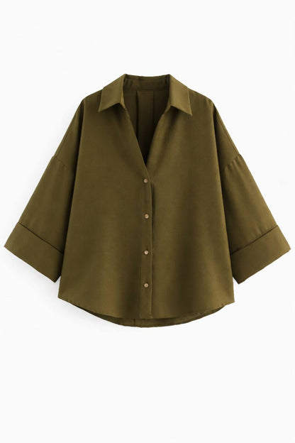 Oversized Button Down Shirt – 3/4 Sleeve Relaxed Fit