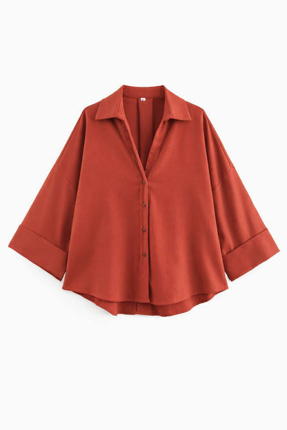 Oversized Button Down Shirt – 3/4 Sleeve Relaxed Fit
