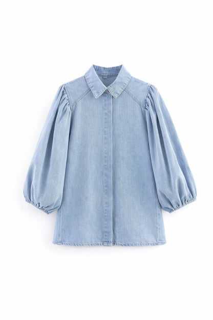 Denim Button Down Blouse – Long Sleeve Puff Shoulder Design