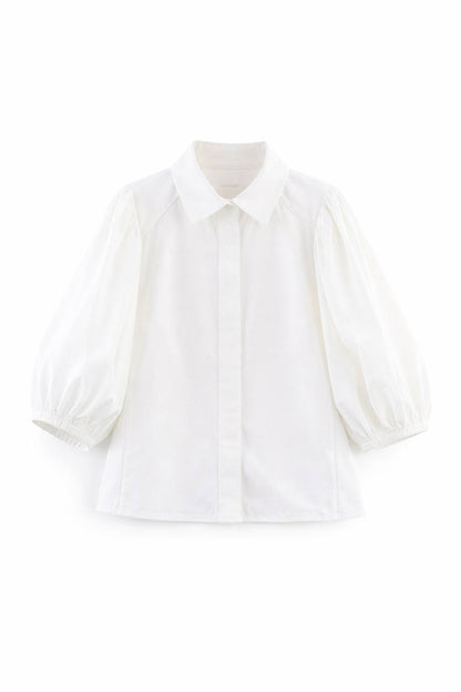 Denim Button Down Blouse – Long Sleeve Puff Shoulder Design