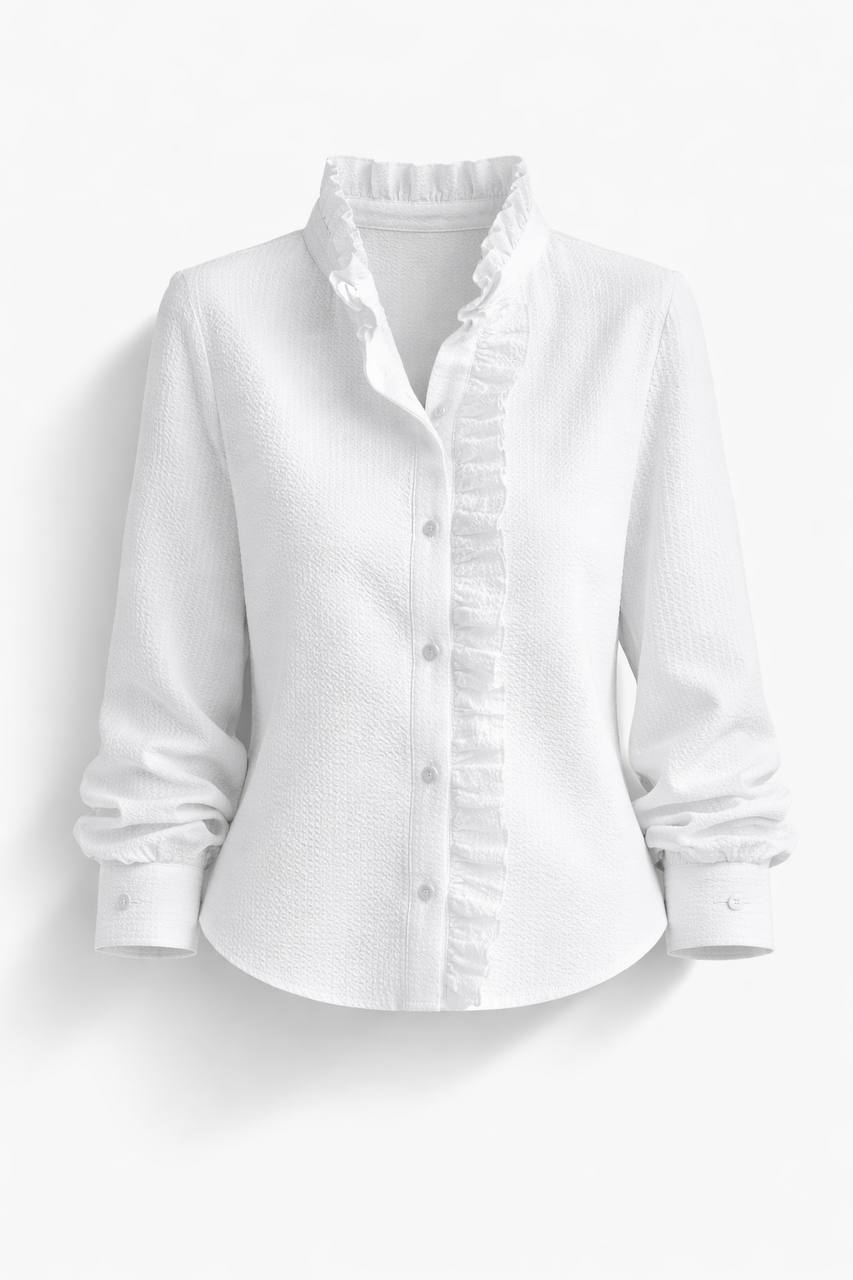 Ruffle Front Blouse – Long Sleeve High Neck Button Shirt