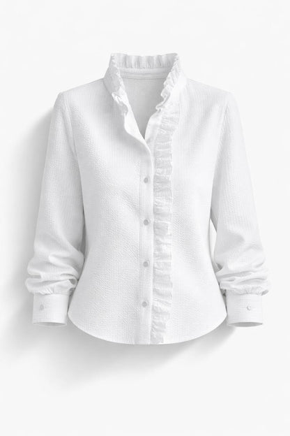 Ruffle Front Blouse – Long Sleeve High Neck Button Shirt