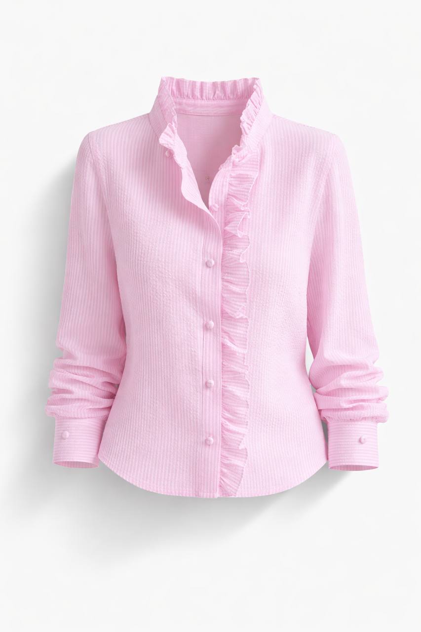Ruffle Front Blouse – Long Sleeve High Neck Button Shirt