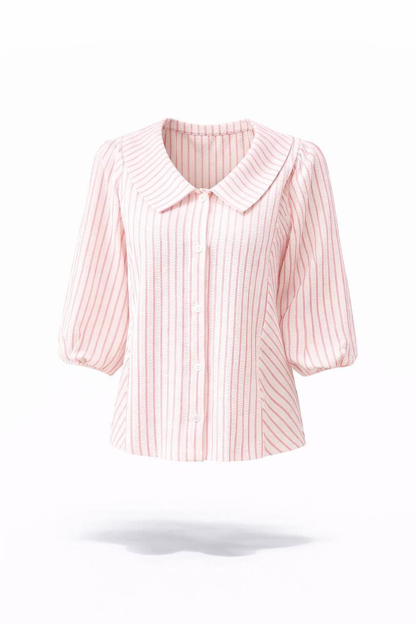 Striped Peter Pan Collar Blouse – 3/4 Sleeve Button Front