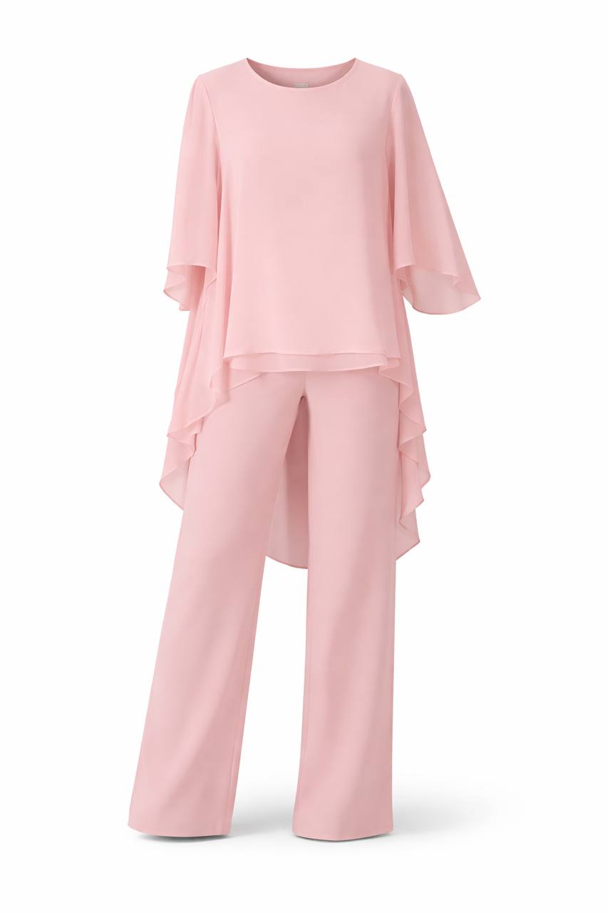 Layered Chiffon Top & Pants Set – Long Sleeve Asymmetric Tunic Top & Trousers