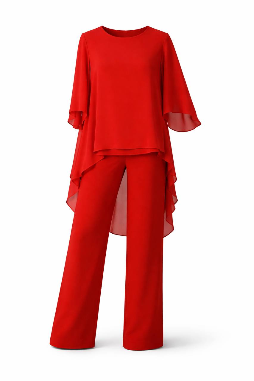 Layered Chiffon Top & Pants Set – Long Sleeve Asymmetric Tunic Top & Trousers