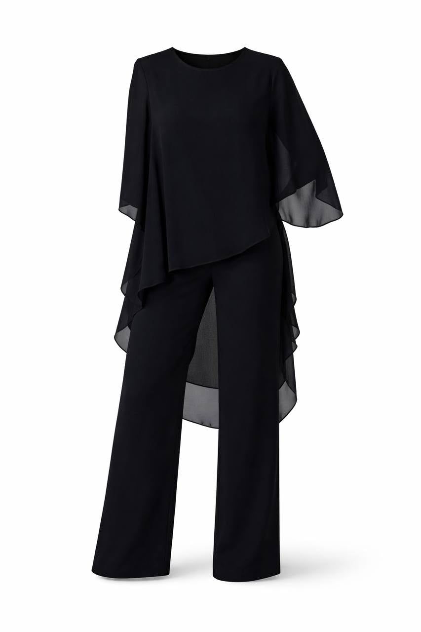 Layered Chiffon Top & Pants Set – Long Sleeve Asymmetric Tunic Top & Trousers