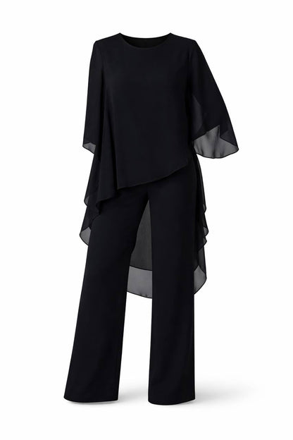 Layered Chiffon Top & Pants Set – Long Sleeve Asymmetric Tunic Top & Trousers