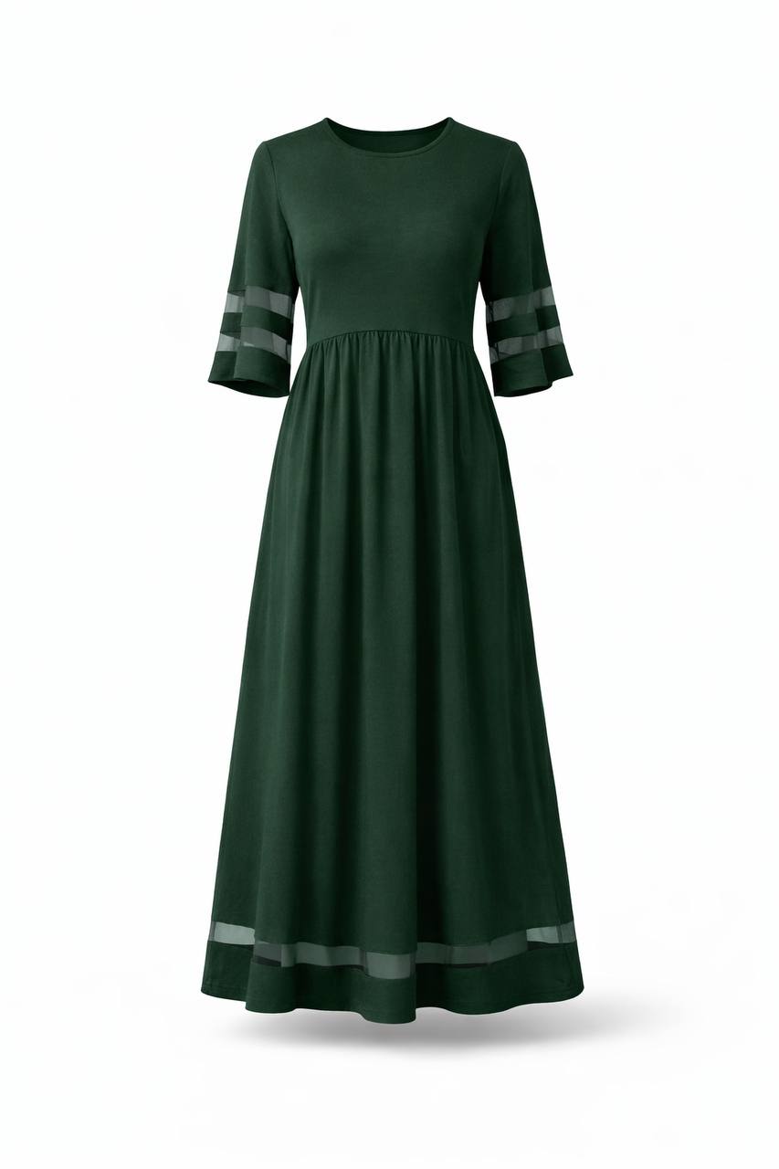 Long Sleeve Maxi Dress –  Sheer Sleeve and Hem Details