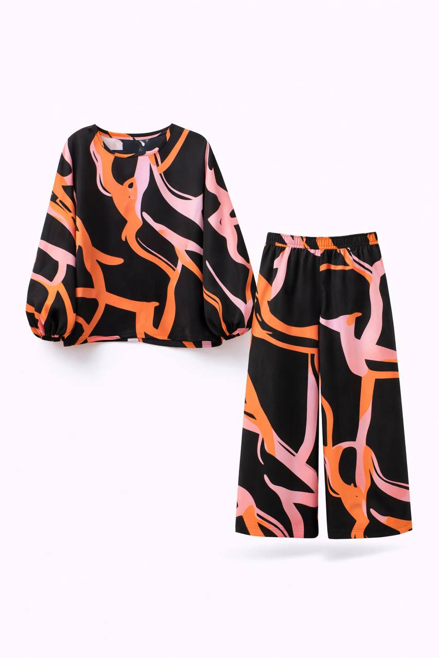 Abstract Two-Piece Set - Long Sleeve Loose Top & Trousers Co-Ord Set
