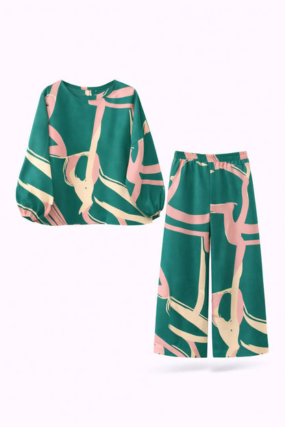 Abstract Two-Piece Set - Long Sleeve Loose Top & Trousers Co-Ord Set