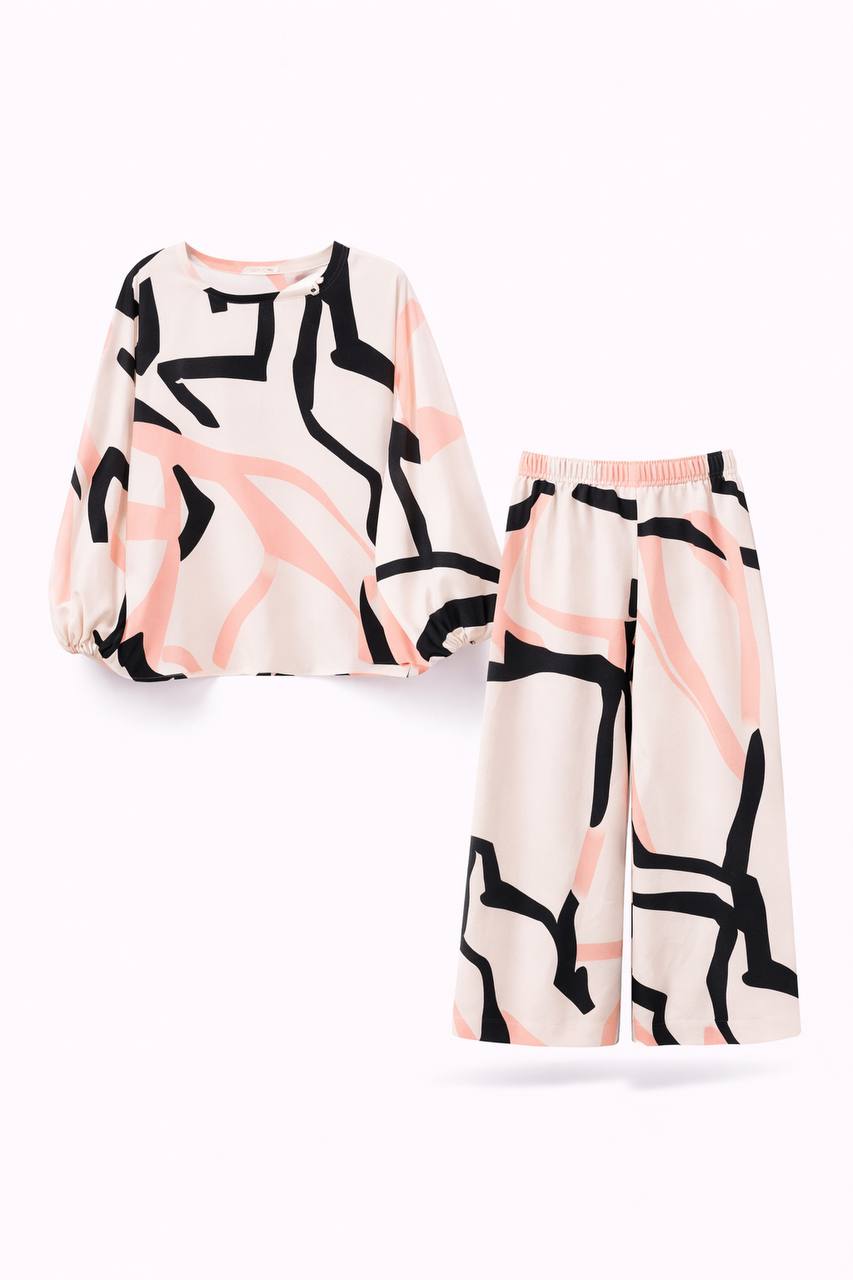 Abstract Two-Piece Set - Long Sleeve Loose Top & Trousers Co-Ord Set
