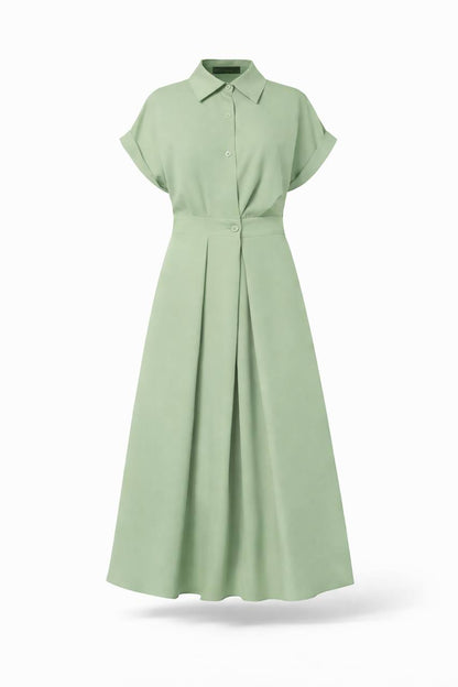 Short Sleeve Collared Maxi Dress with Tie Waist – Elegant A-Line Casual Dress
