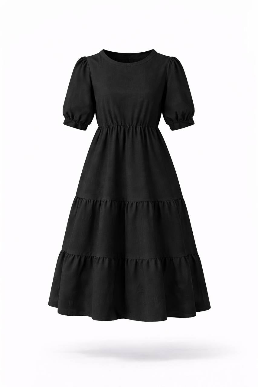 Puff Sleeve Tiered Maxi Dress – Round Neck Elastic Waist Long Dress