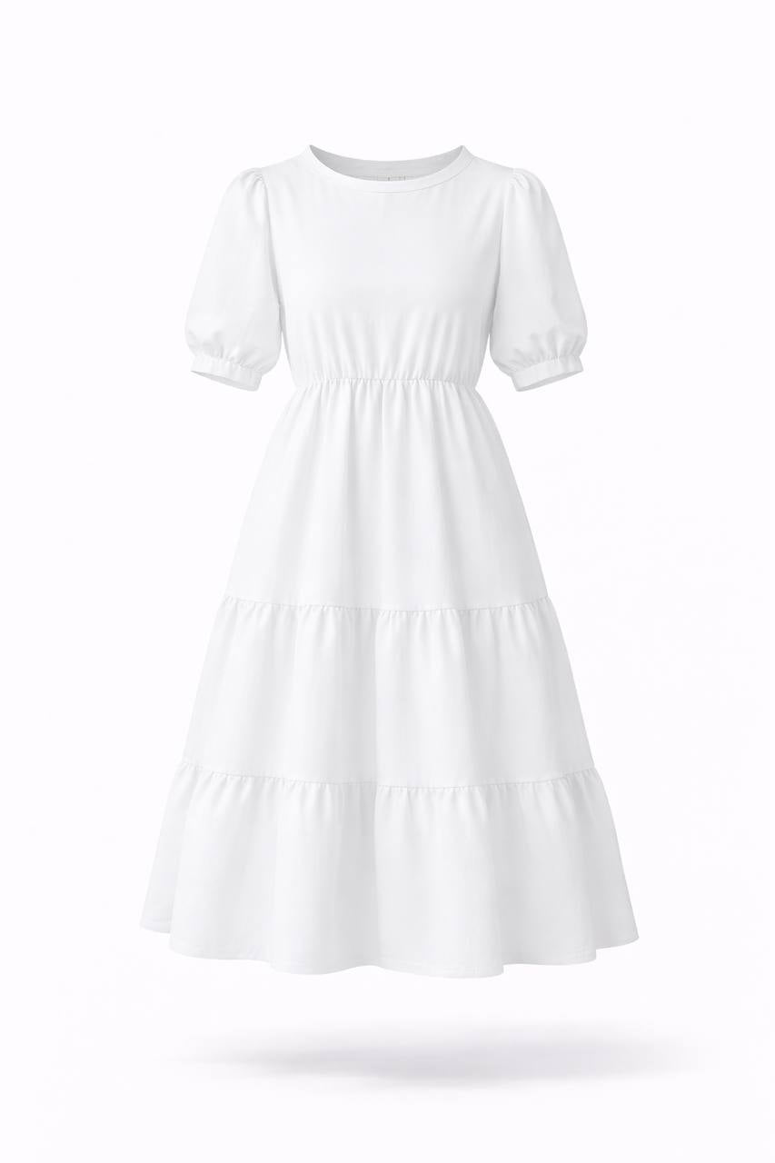 Puff Sleeve Tiered Maxi Dress – Round Neck Elastic Waist Long Dress