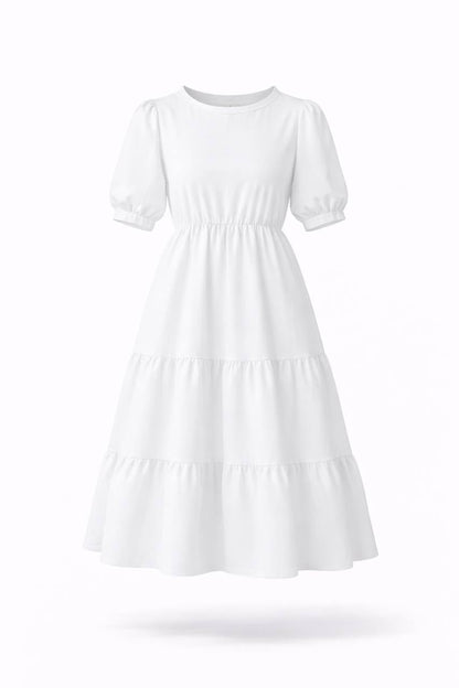 Puff Sleeve Tiered Maxi Dress – Round Neck Elastic Waist Long Dress