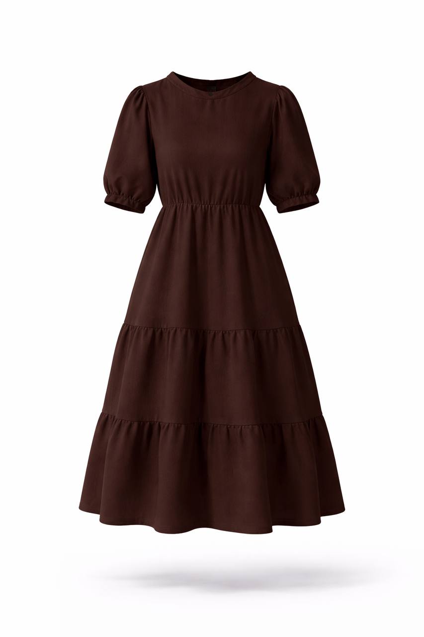Puff Sleeve Tiered Maxi Dress – Round Neck Elastic Waist Long Dress
