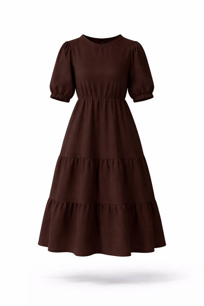 Puff Sleeve Tiered Maxi Dress – Round Neck Elastic Waist Long Dress