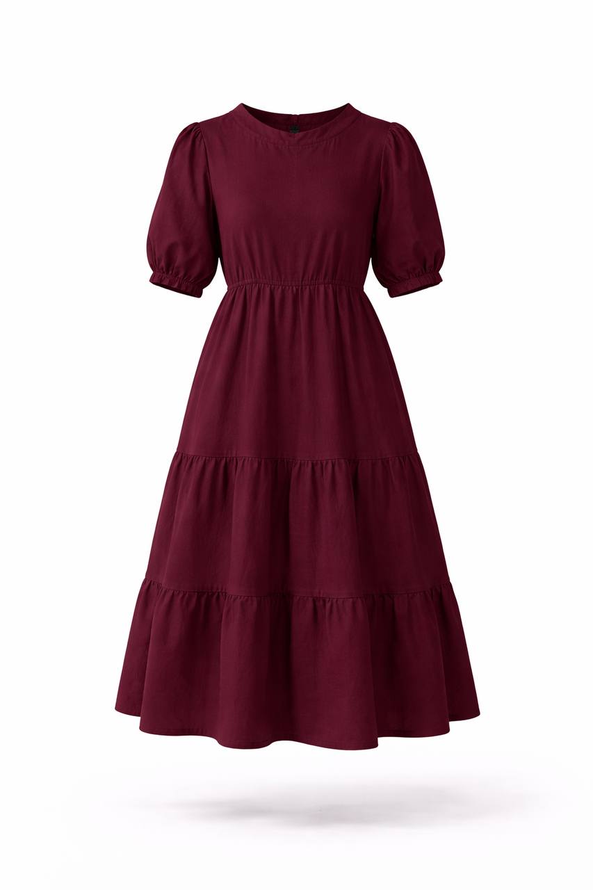 Puff Sleeve Tiered Maxi Dress – Round Neck Elastic Waist Long Dress
