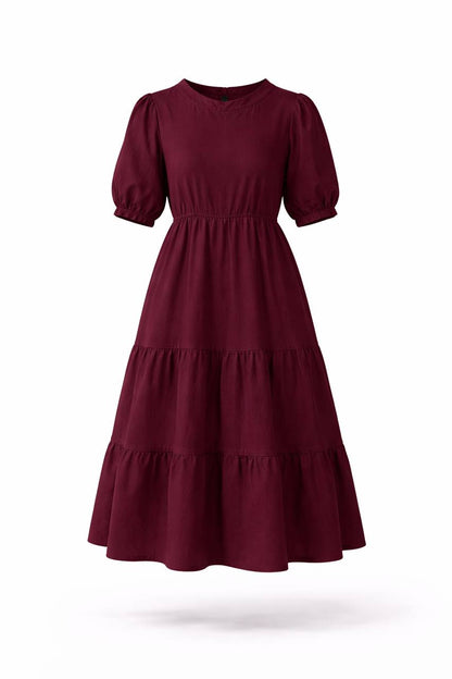 Puff Sleeve Tiered Maxi Dress – Round Neck Elastic Waist Long Dress