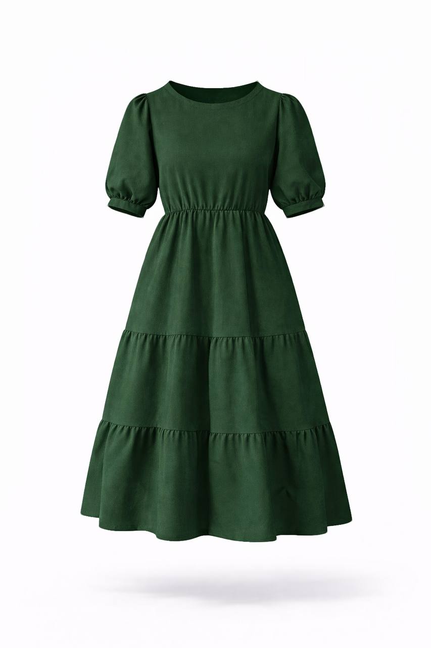 Puff Sleeve Tiered Maxi Dress – Round Neck Elastic Waist Long Dress