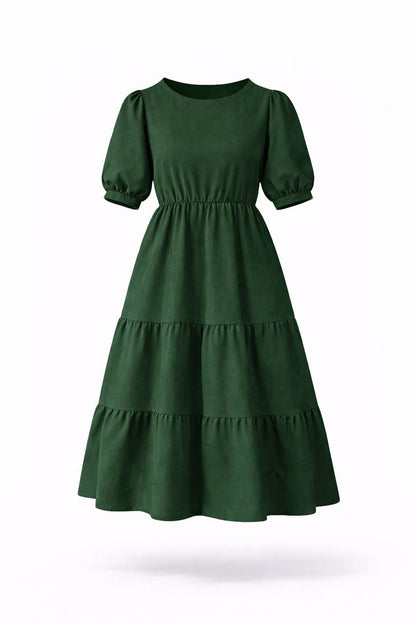 Puff Sleeve Tiered Maxi Dress – Round Neck Elastic Waist Long Dress
