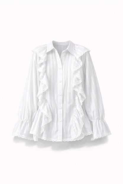 Ruffle Button Front Blouse – Long Sleeve Peplum Top with Lace Trim