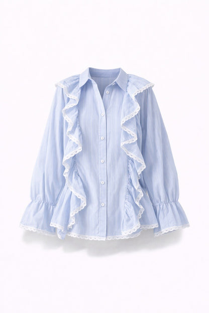 Ruffle Button Front Blouse – Long Sleeve Peplum Top with Lace Trim