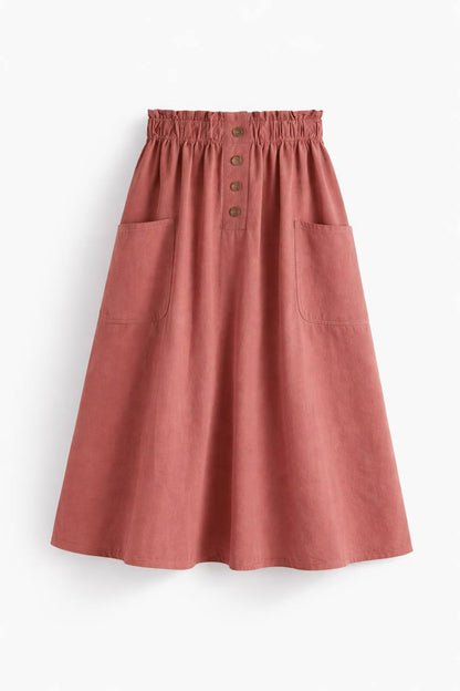 High Waisted Button Front Midi Skirt – Elastic Waist A-Line Skirt with Patch Pockets