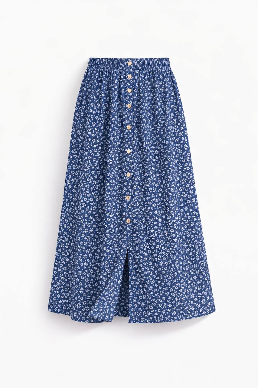 High Waisted A-Line Midi Skirt – Floral Print Button Front Skirt with Elastic Waist