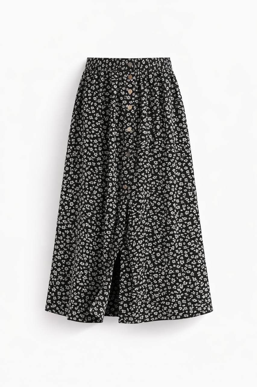 High Waisted A-Line Midi Skirt – Floral Print Button Front Skirt with Elastic Waist