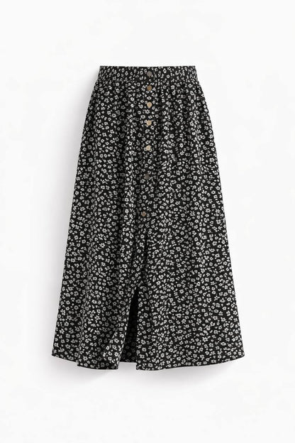 High Waisted A-Line Midi Skirt – Floral Print Button Front Skirt with Elastic Waist