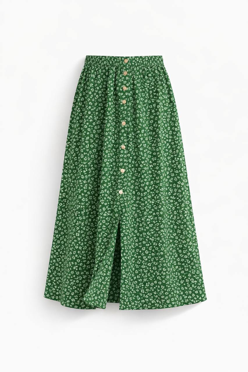 High Waisted A-Line Midi Skirt – Floral Print Button Front Skirt with Elastic Waist