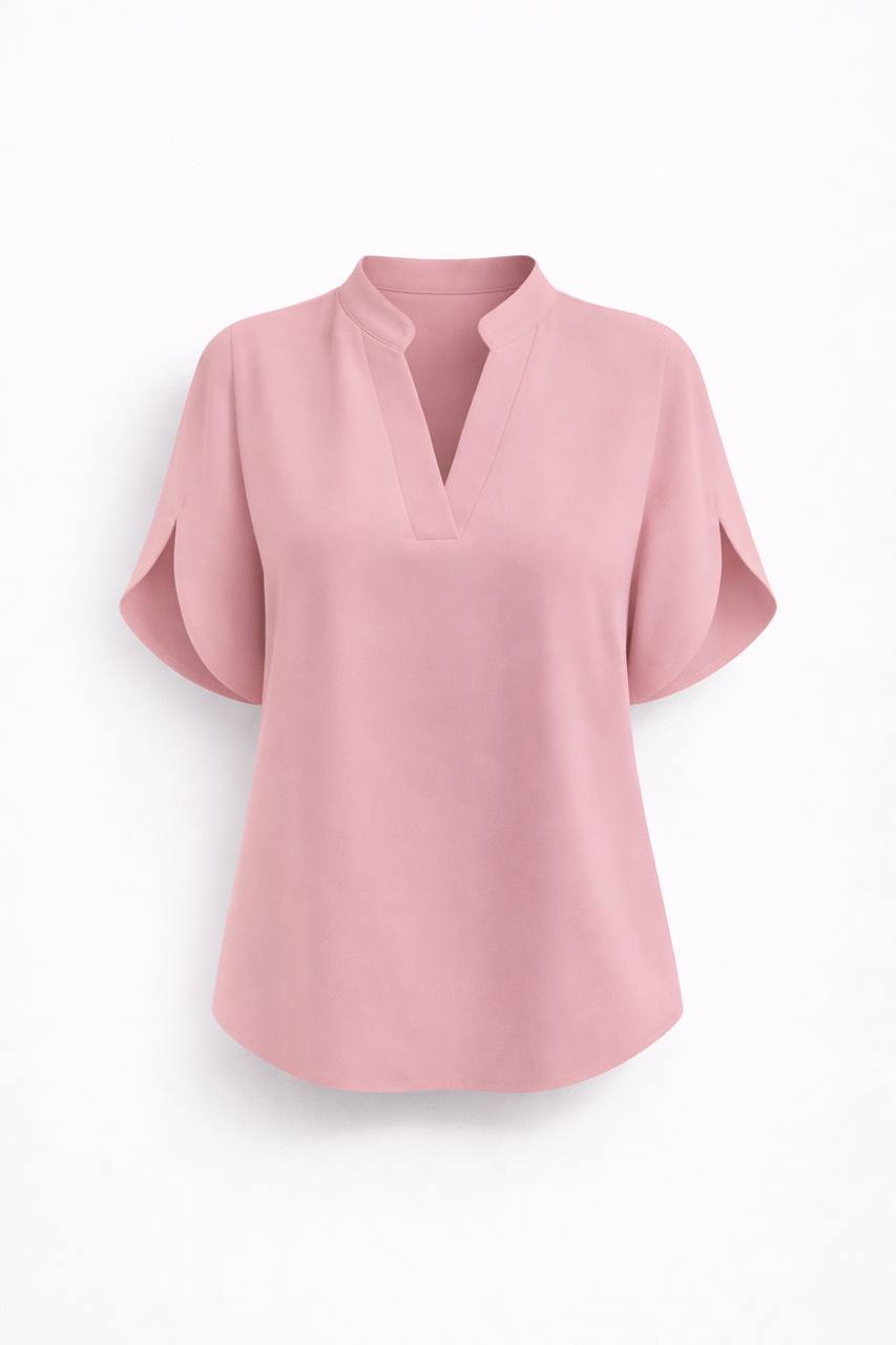 Chiffon V Neck Blouse - Split Sleeve Relaxed Fit Top