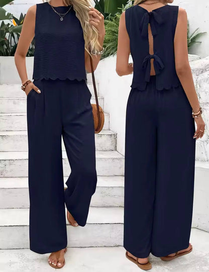 Sleeveless Open Back Bow Tie Wide Leg Two Piece Set