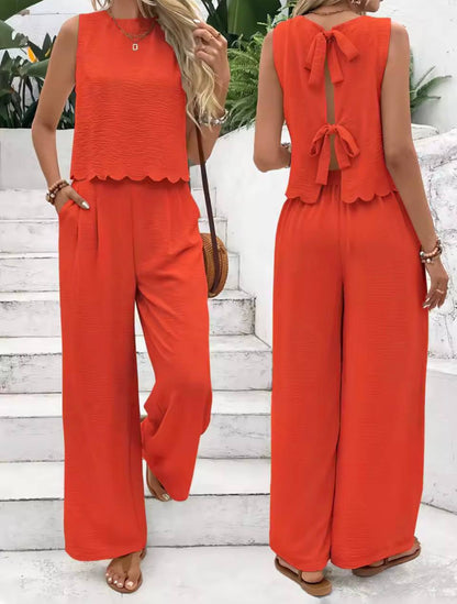 Sleeveless Open Back Bow Tie Wide Leg Two Piece Set