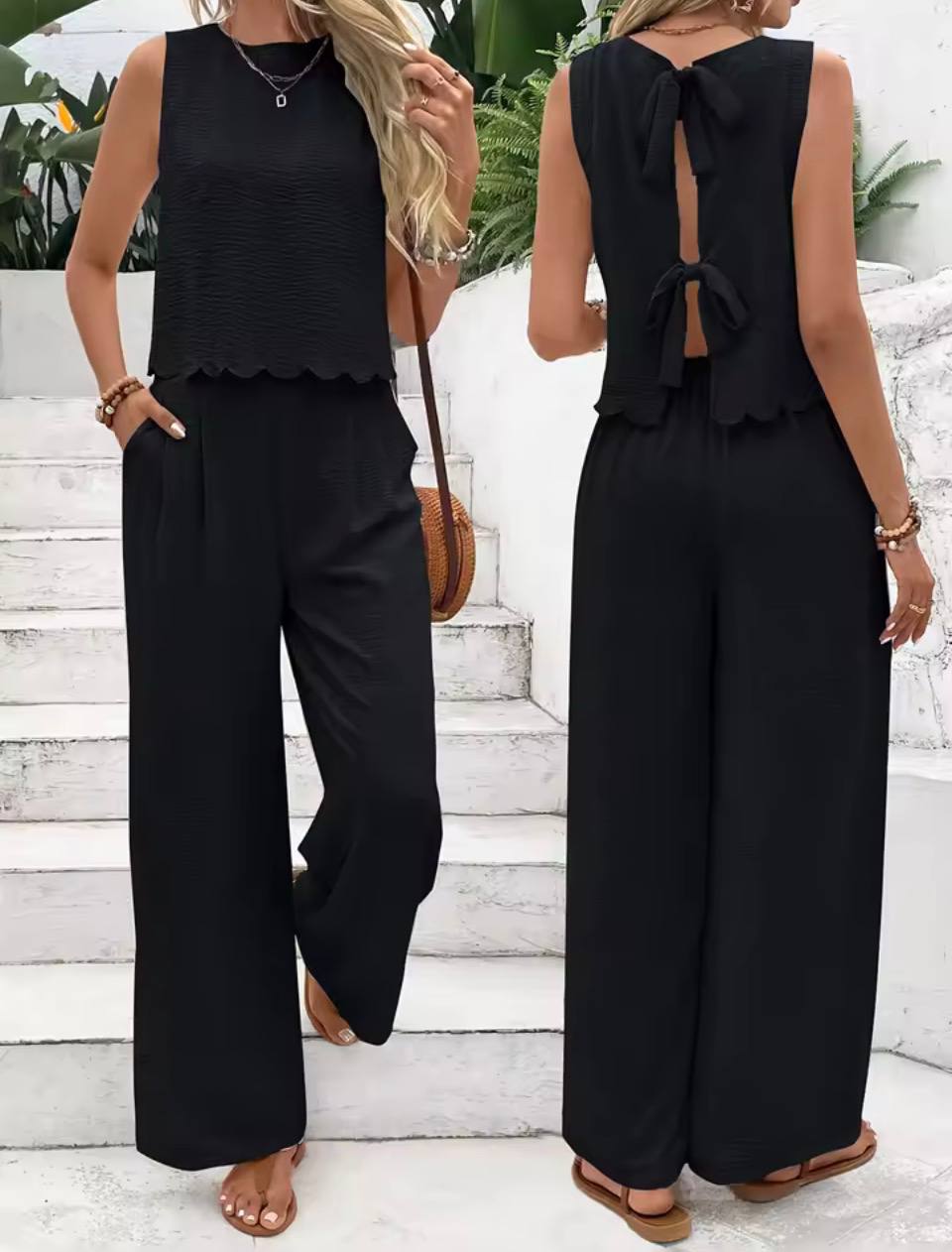 Sleeveless Open Back Bow Tie Wide Leg Two Piece Set