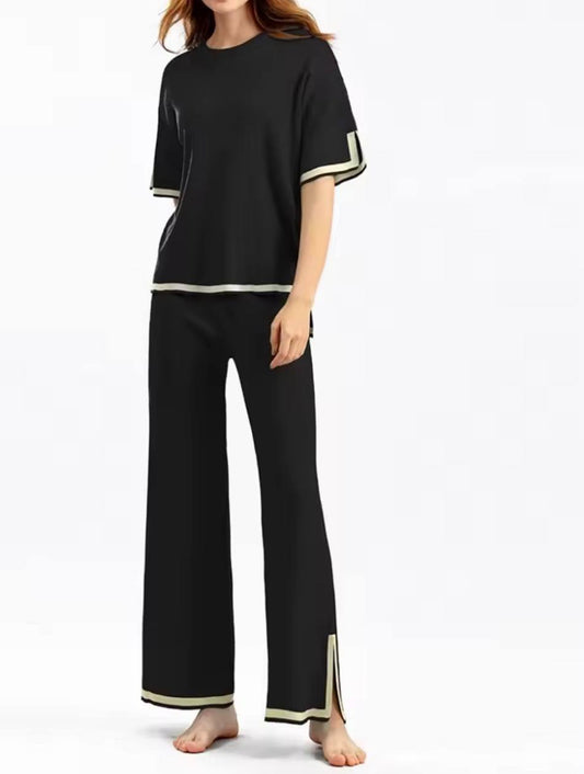 Two Piece Lounge Set – Short Sleeve Top and Wide Leg Trousers with Contrast Trim